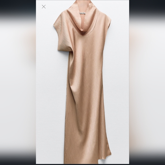 ZARA PLEATED TEXTURED BLUSH/GOLD MIDI COWL NECKLINE DRESS ✨️SIZE S✨️ - Picture 4 of 5